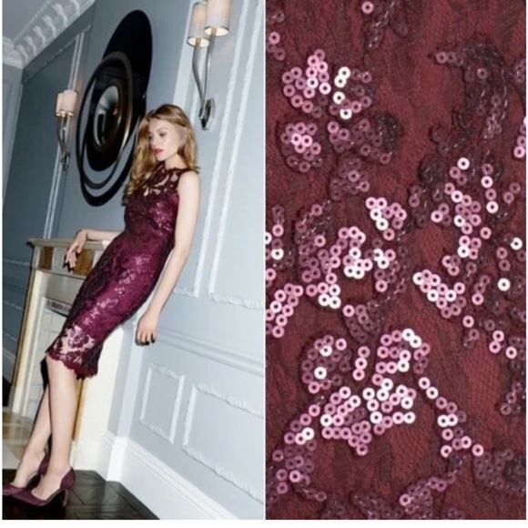 Sequined Tadashi Shoji Illusion Dress Size 2 Aubergine Cabernet Purple - Picture 2 of 5